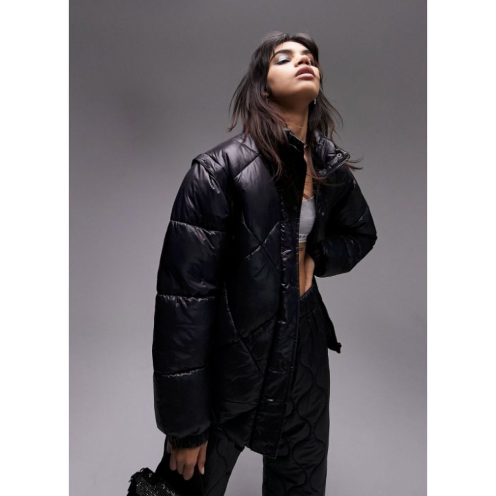Topshop puffer jacket with zip off sleeves in black- size